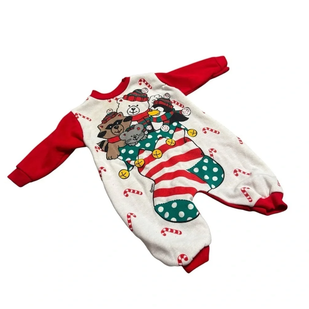 Vintage Santa's Club Critter Stocking Christmas Romper Children's Graphic 3-6 MO